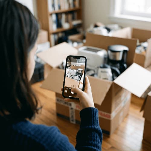 Person packing a moving box and photographing contents