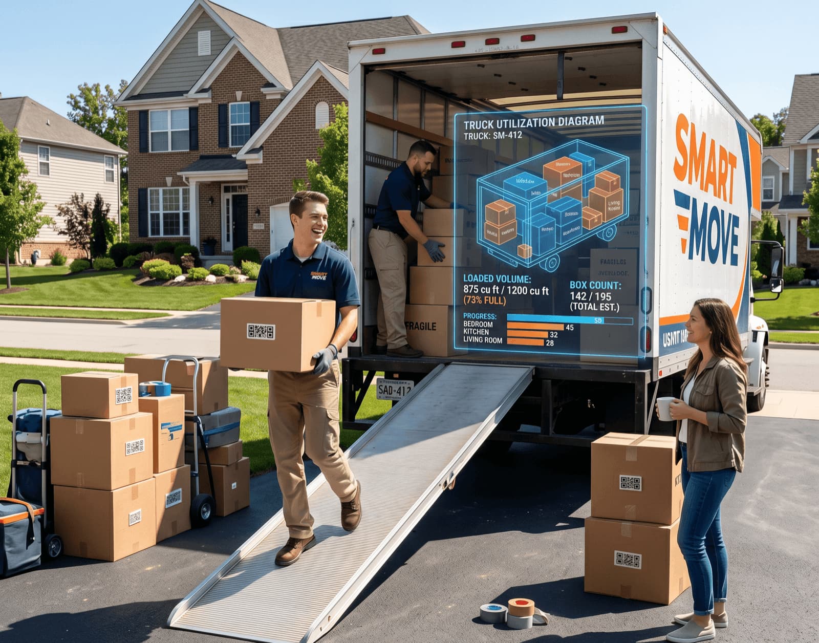 Dashboard showing inventory of moving boxes with photos, tags and QR codes