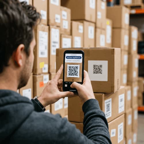 Scanning a QR code on a labelled moving box